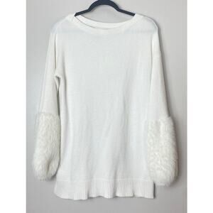 ANTHROPOLOGIE SWEATER COLMA WHITE LONGLINE KNIT BALLOON EYELASH LONG SLEEVE FUR
